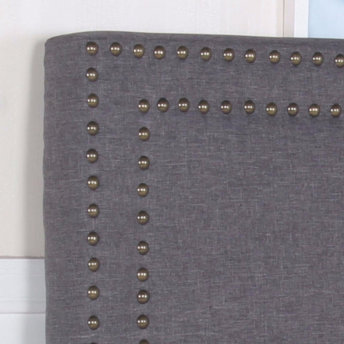 Square Upholstered Queen Headboard, Studded Linen, Solid Wood