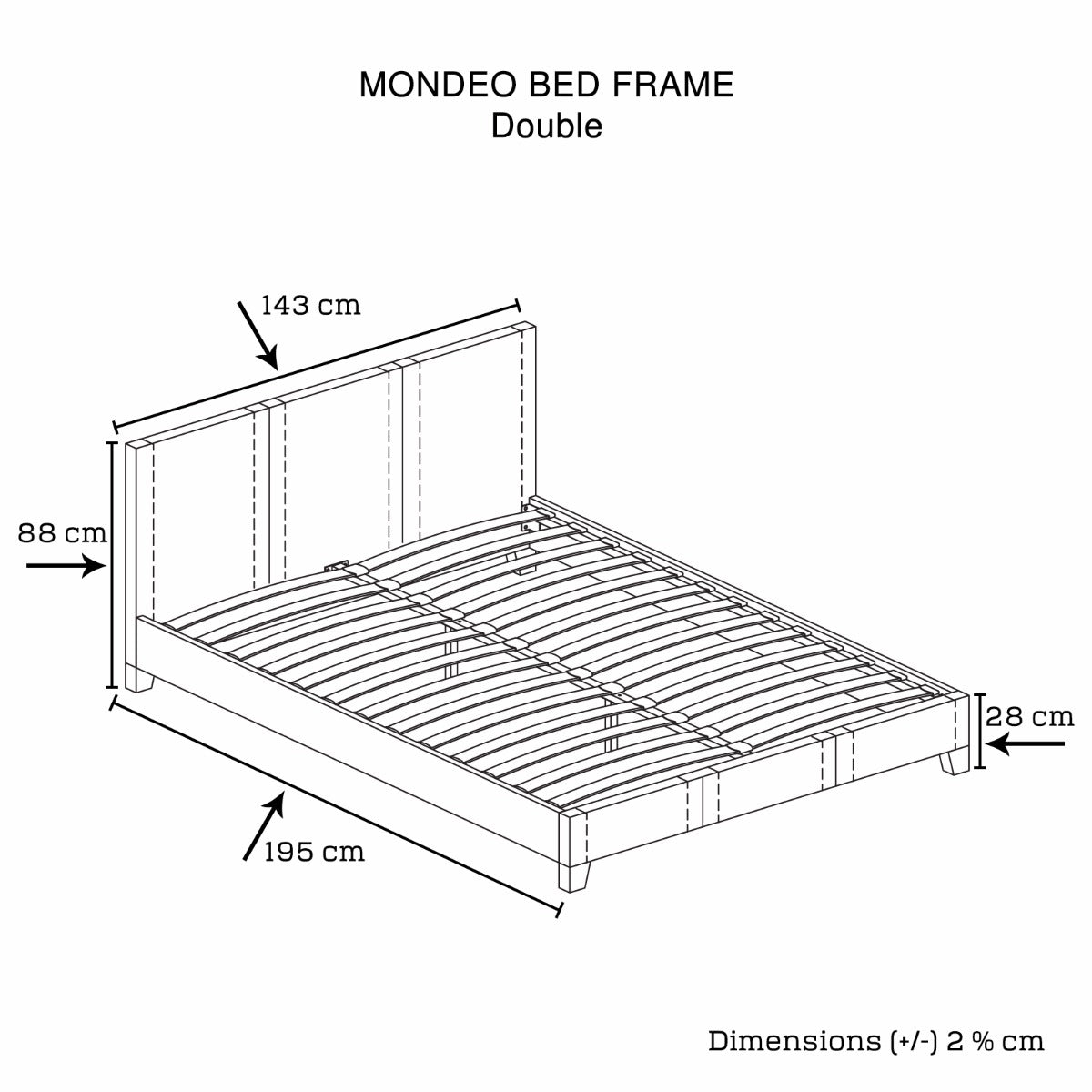 Black Leatherette Double Bed Frame, Metal Slat Base, Wooden Feet