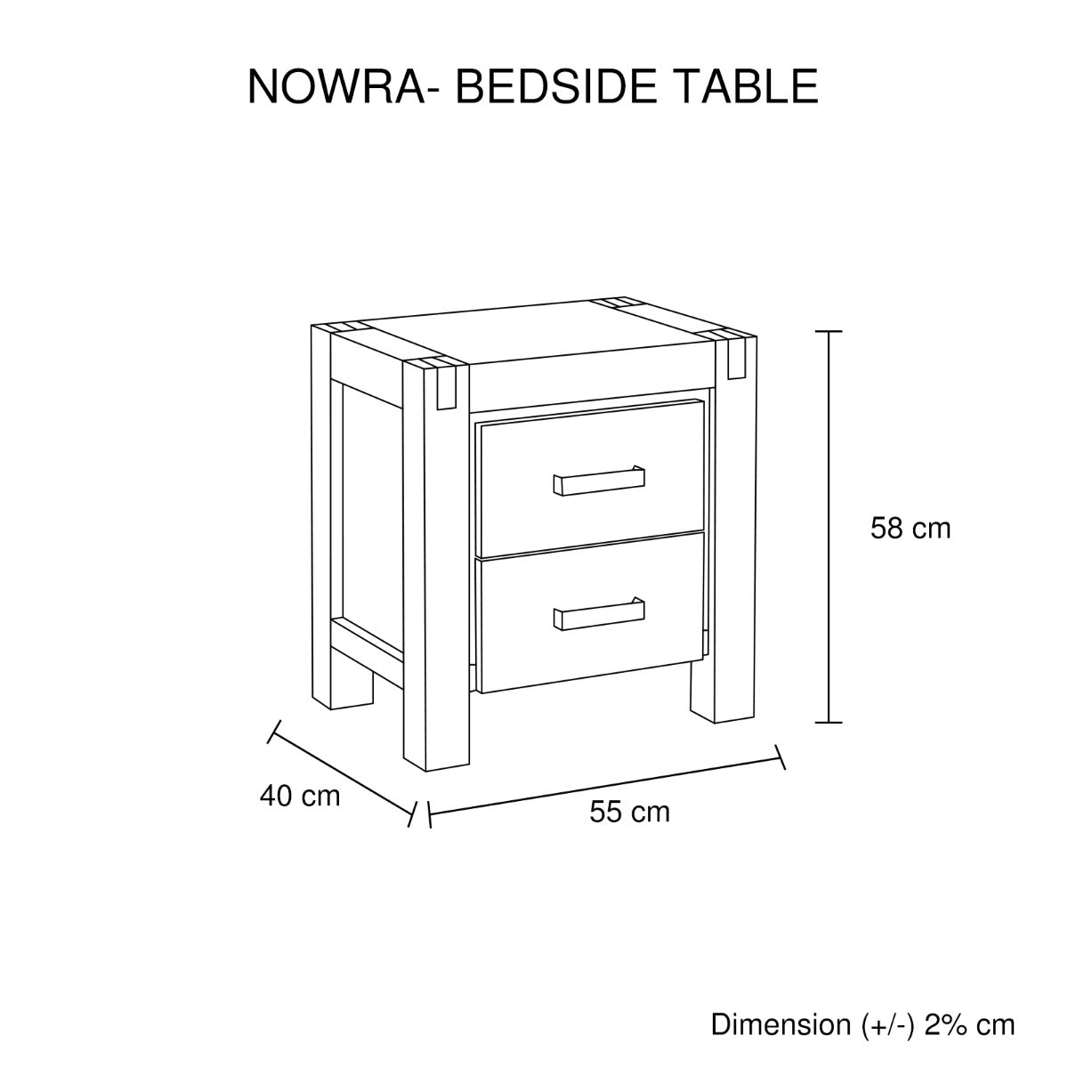 Solid Wood 2-Drawer Bedside Table with Metal Finish