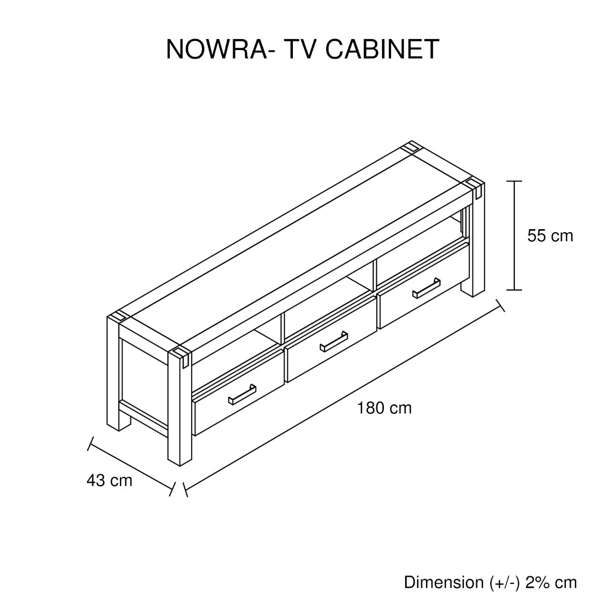 Solid Acacia TV Cabinet, 3 Drawers, Oak, Metal Finish