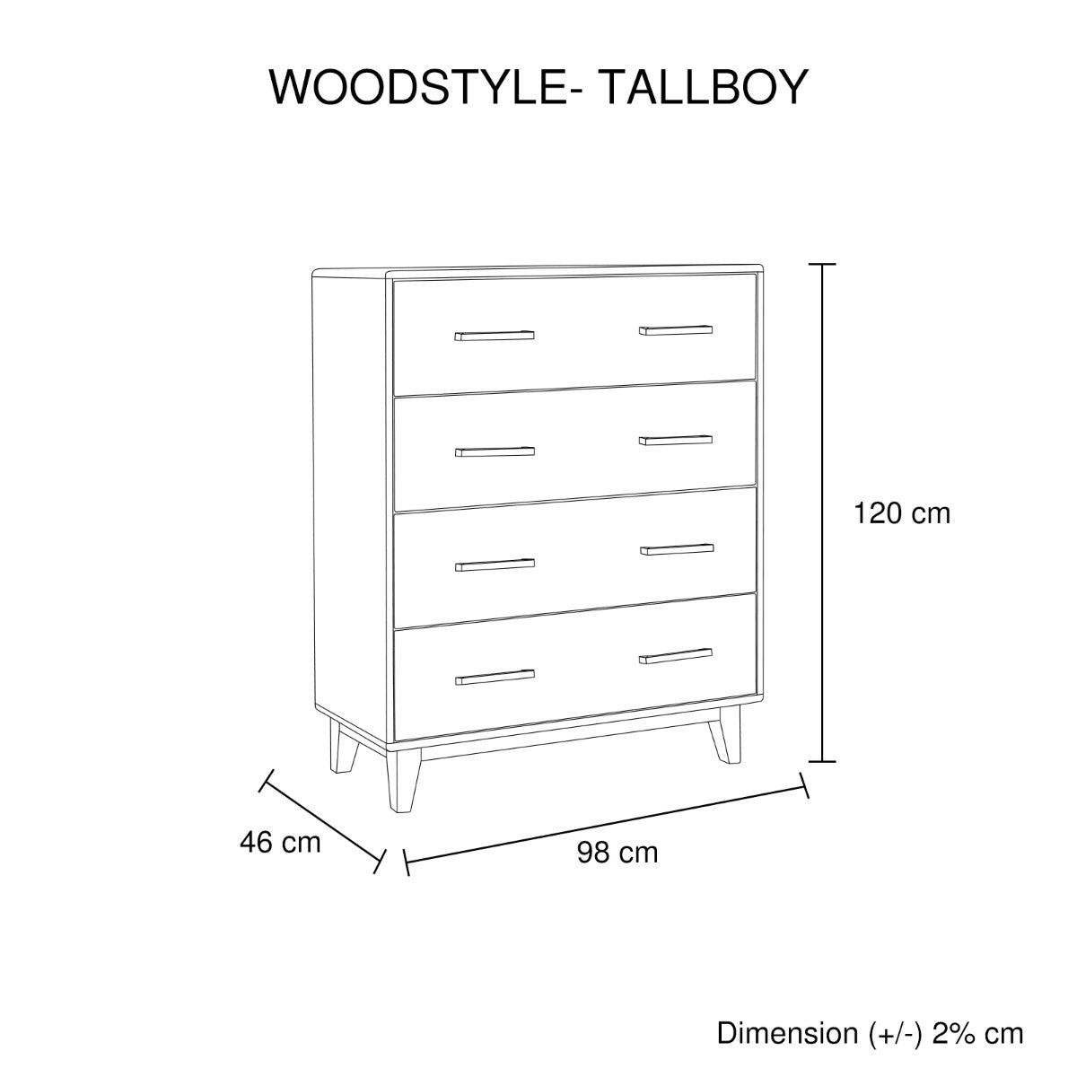 Rustic Wooden Tallboy with 4 Drawers and Metal Handles