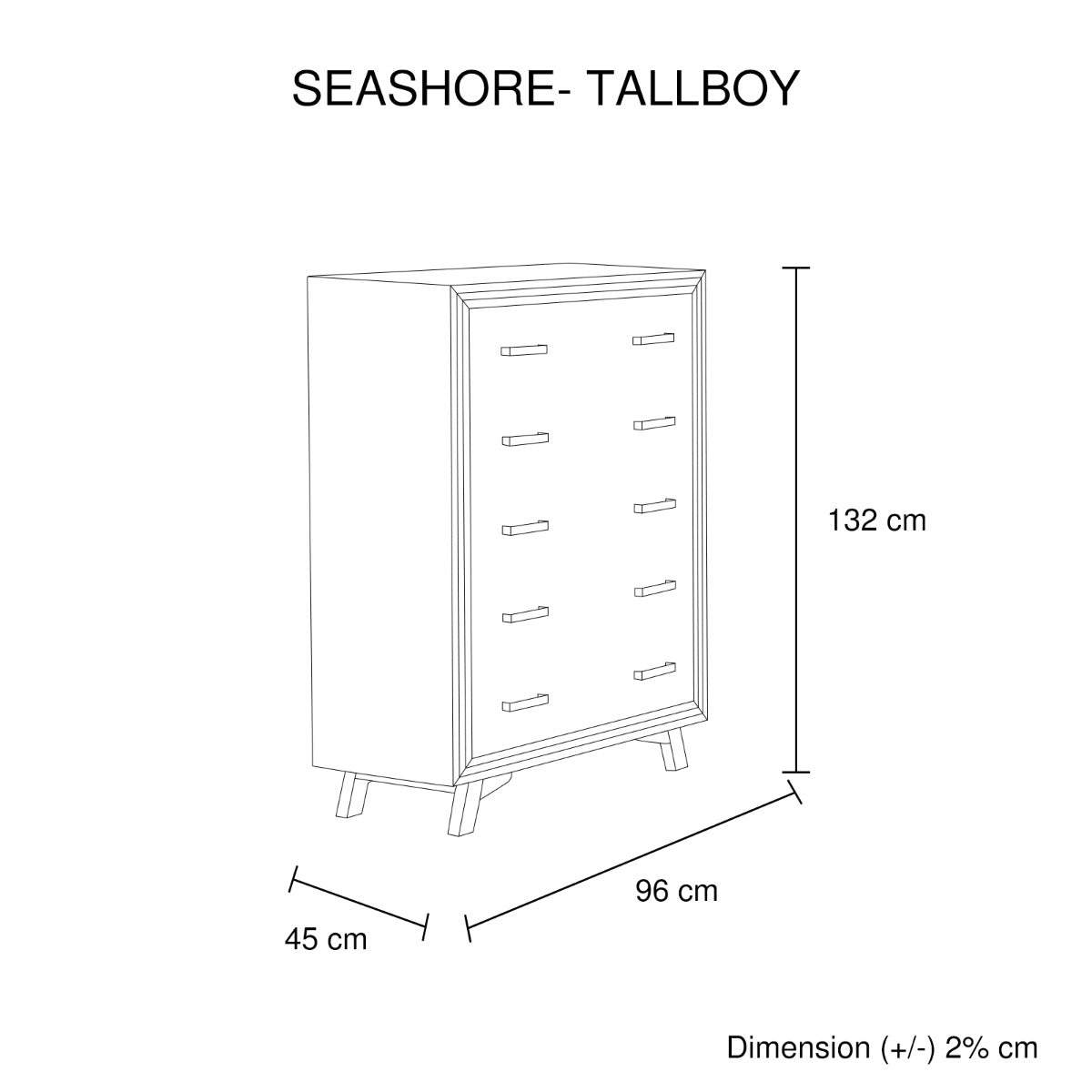 Acacia Frame Tallboy with 5 Metal Handle Drawers in Silver