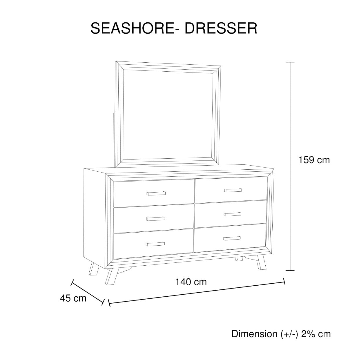 Minimal 6-Drawer Dresser with Mirror, Solid Acacia Frame